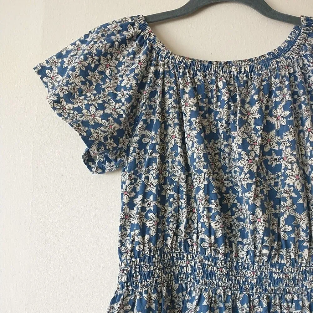 Gap Dress Girls XXL Blue Floral Elastic Waist Round Neck Short Sleeve Cotton